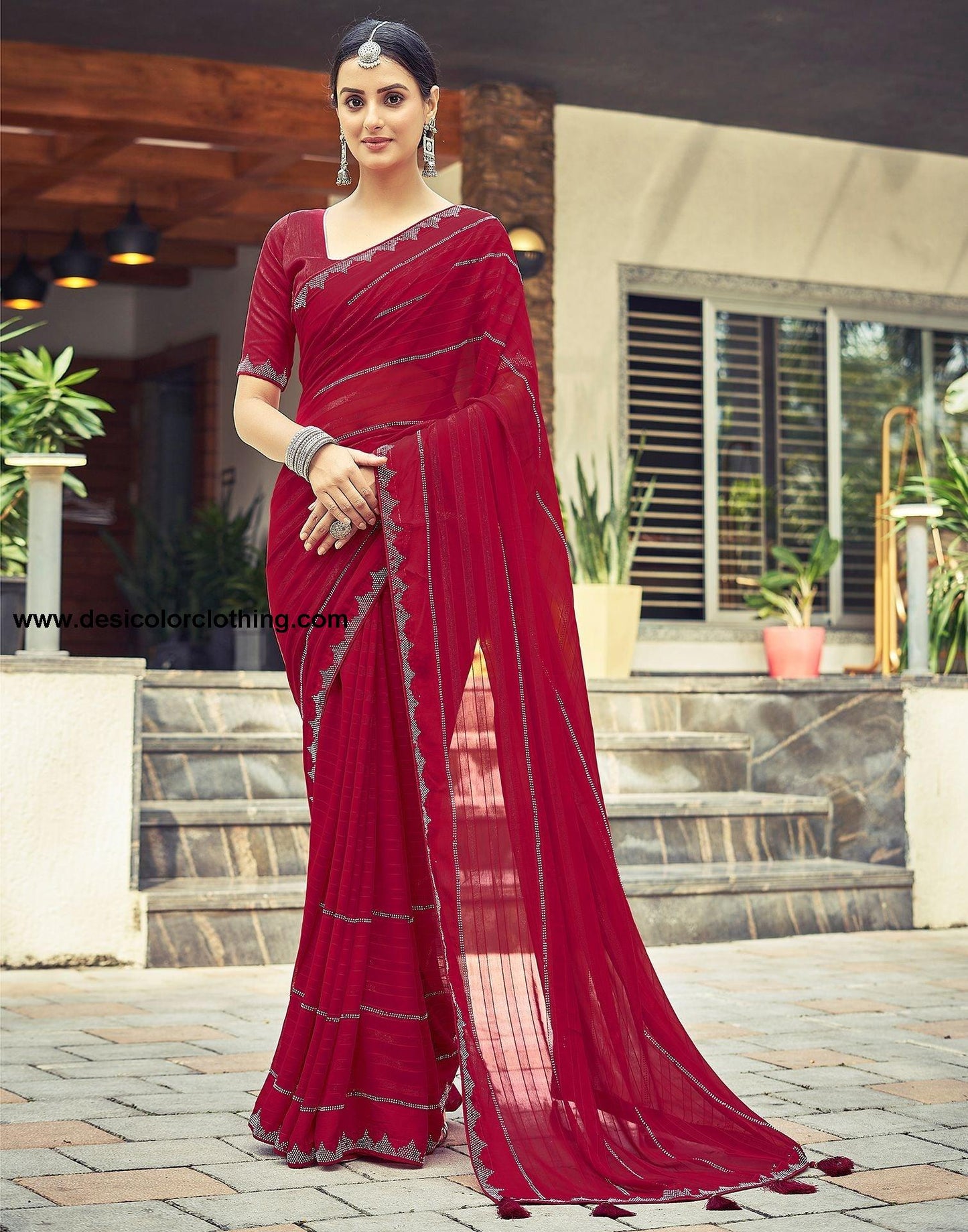 Red Plain Georgette Saree