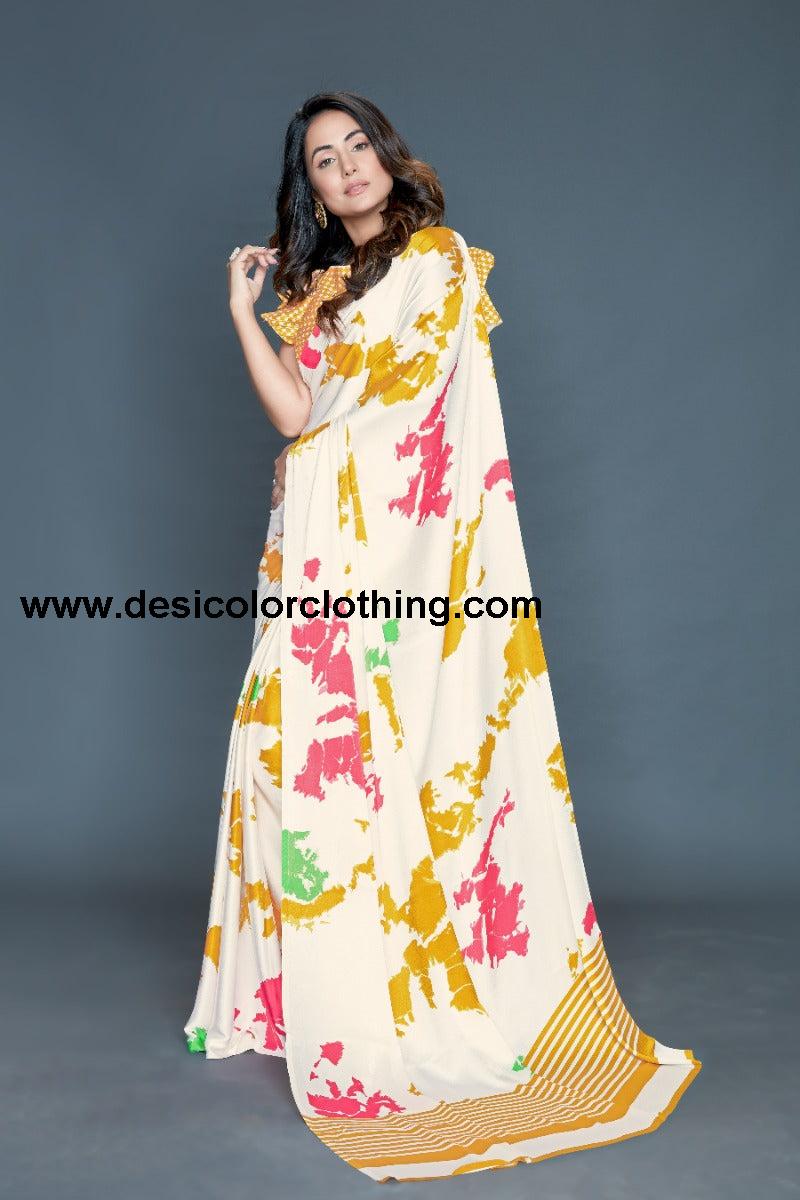 White Coloured silk Satin Printed Saree