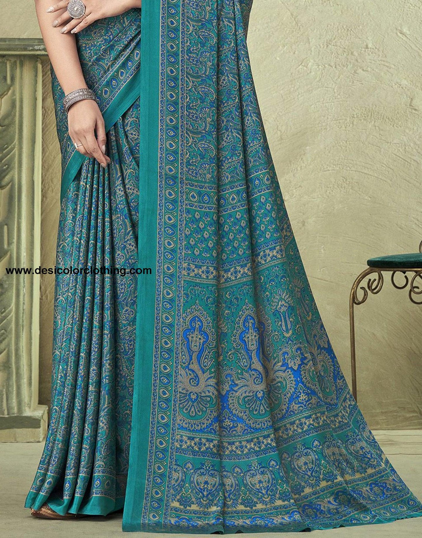Rama Green Silk Floral Printed Saree