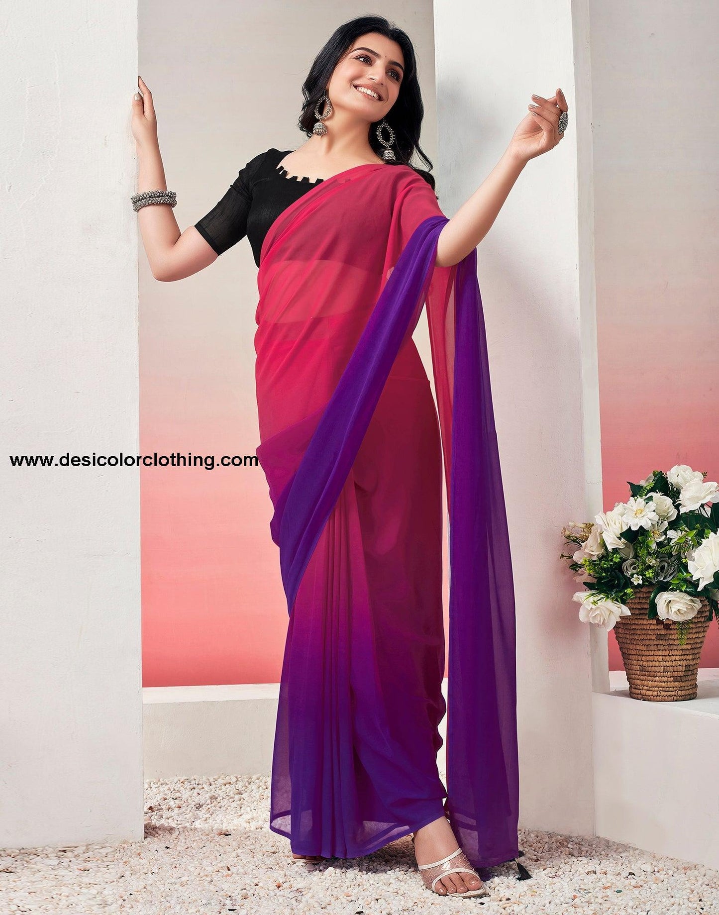 Pink Georgette Plain Ready to Wear Saree