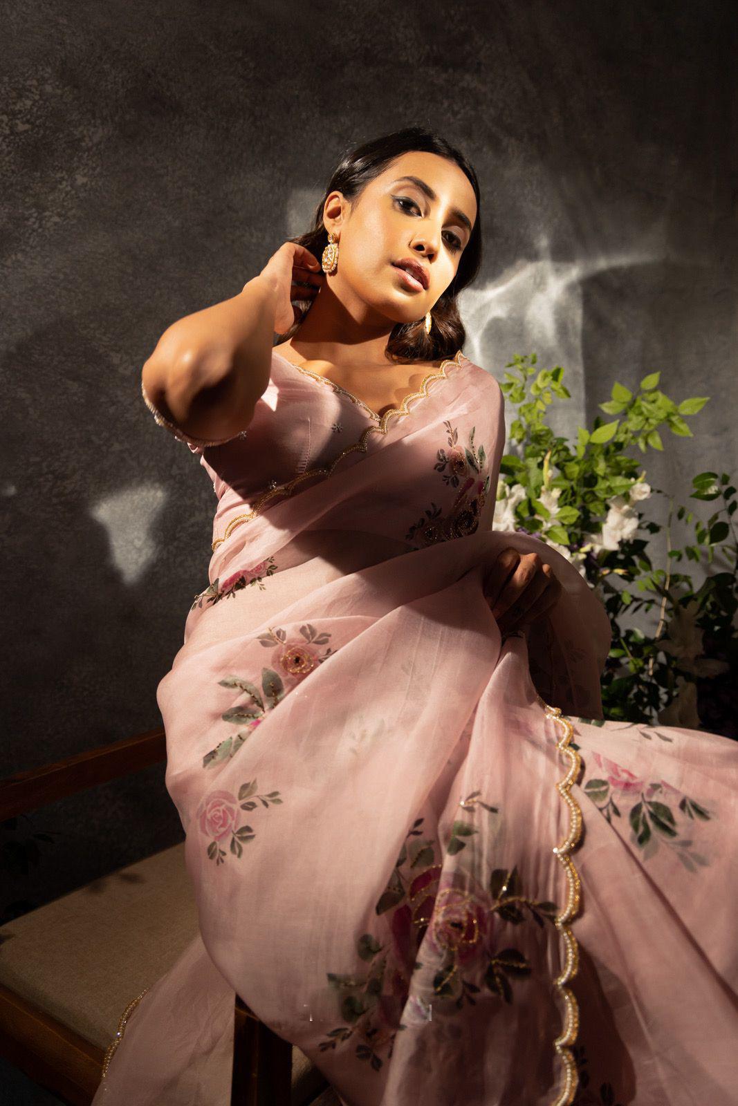 Product Image - Designer Satin Organza Saree with Handcrafted Floral Prints and Pearl Cutwork Border
