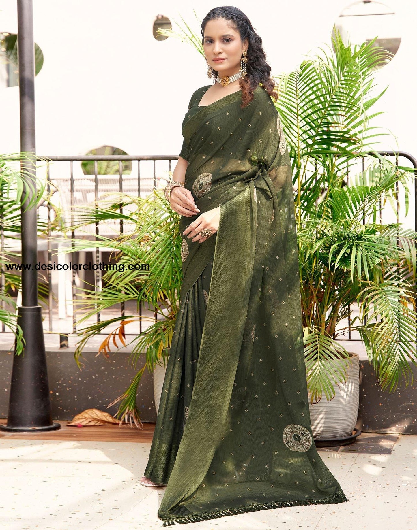 Dark Olive Green Printed Chiffon Saree