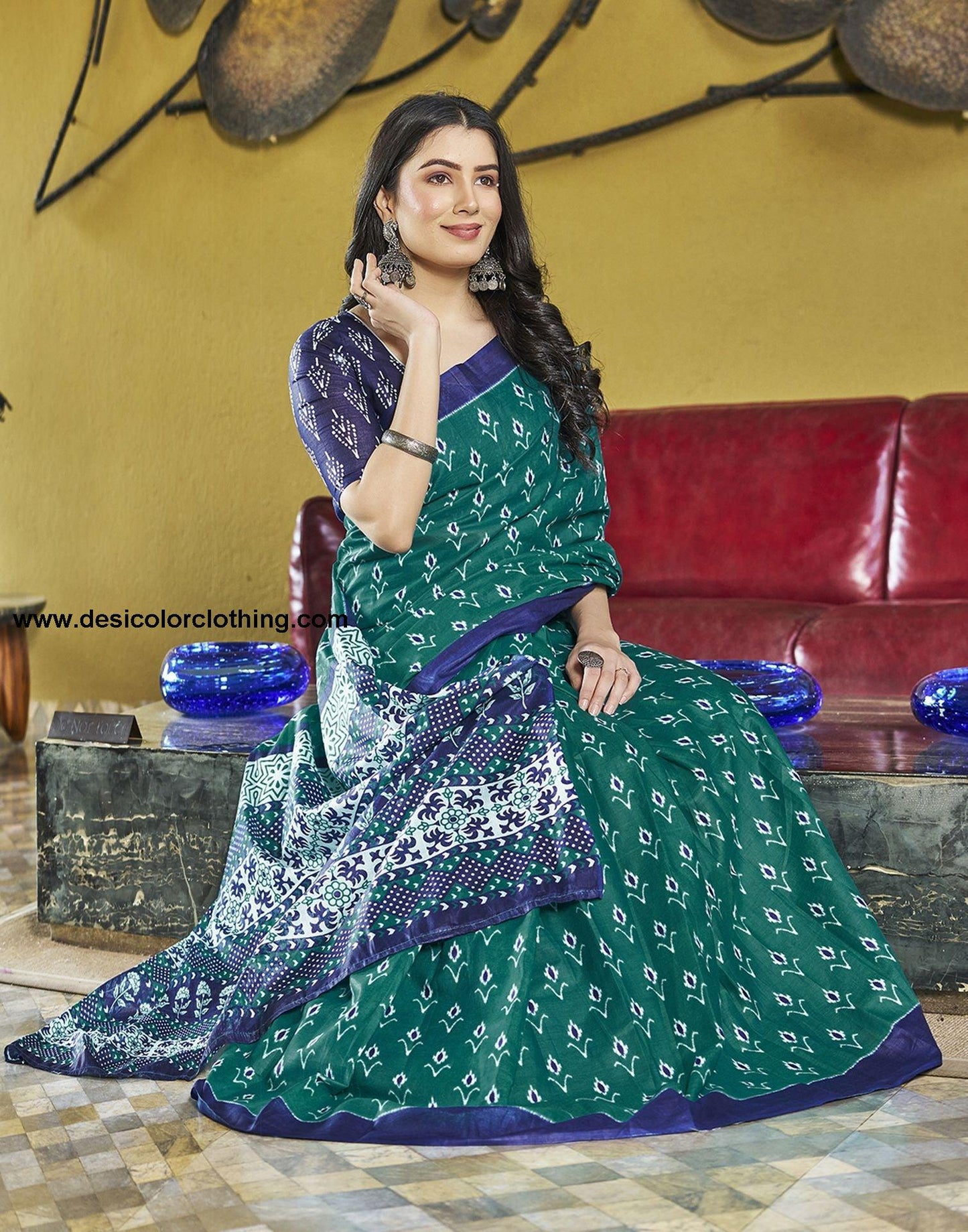 Rama Green Printed Cotton Pre-draped Saree