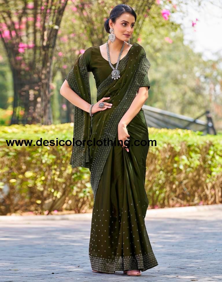 Olive Green Georgette Plain Saree
