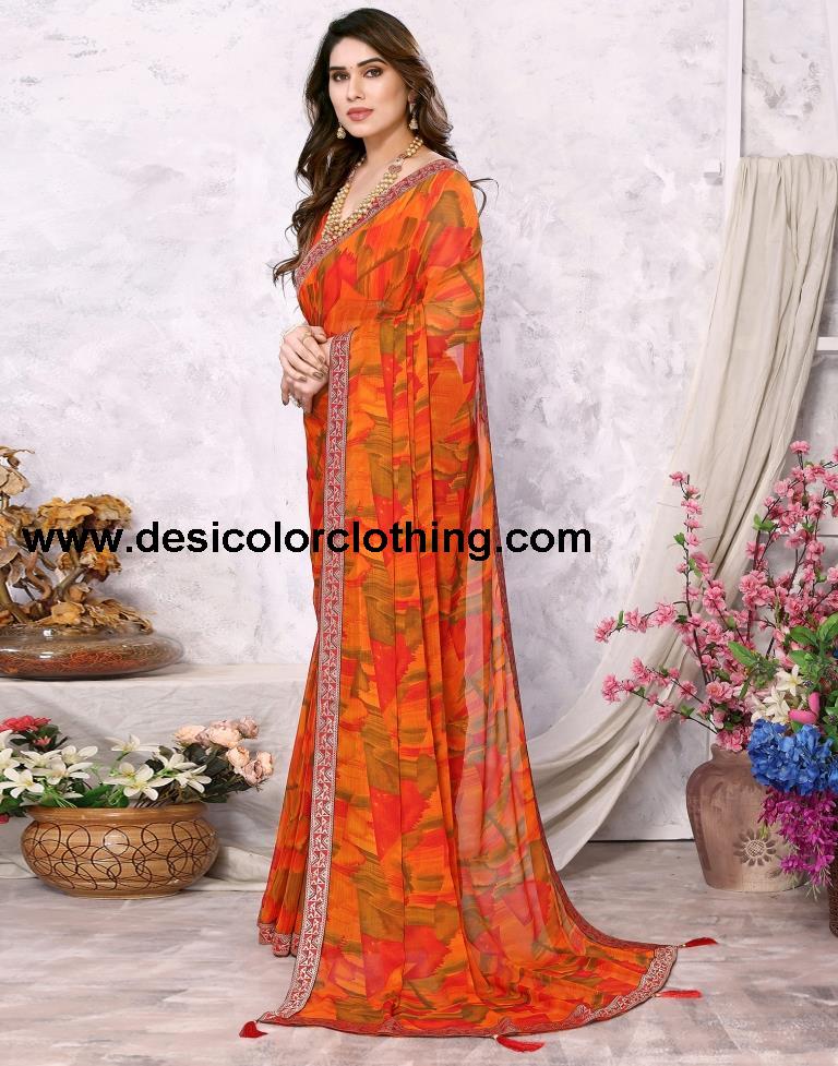 Orange Chiffon Printed Saree