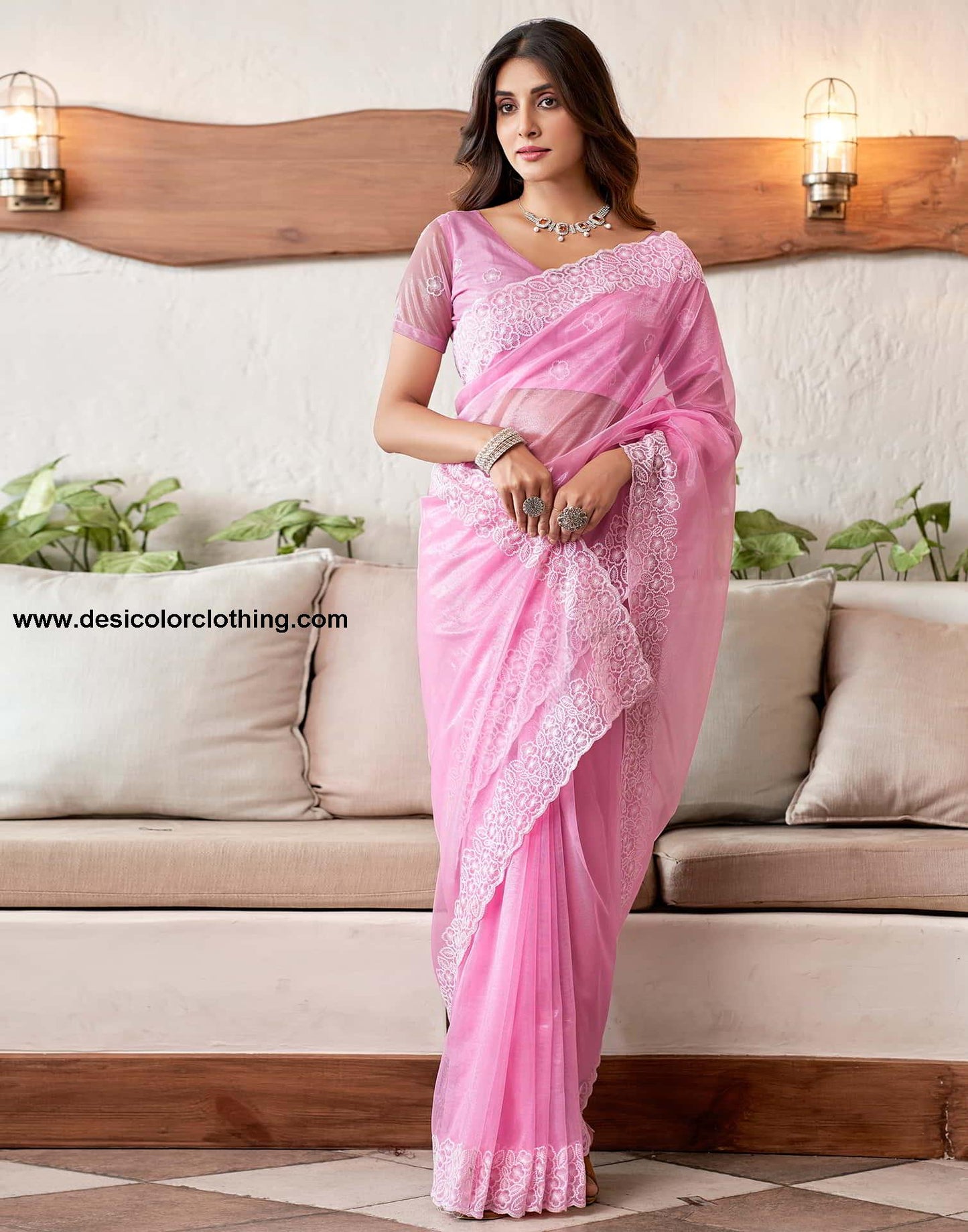 Pink Embroidery Organza Saree