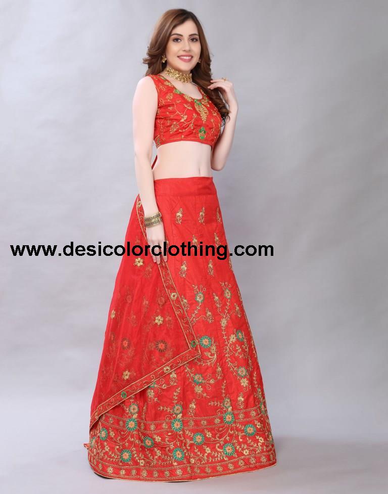 Peppy Red Coloured Poly Silk Embroidered Casual Wear Lehenga | SLV119L10399