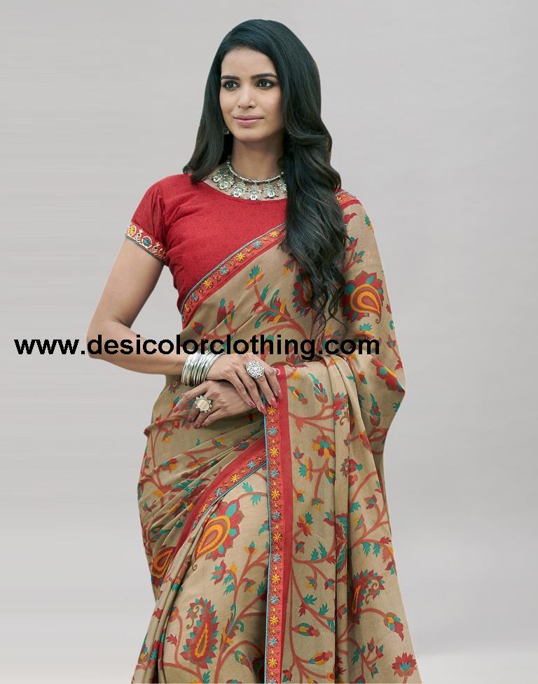 Beige Printed Chiffon Saree