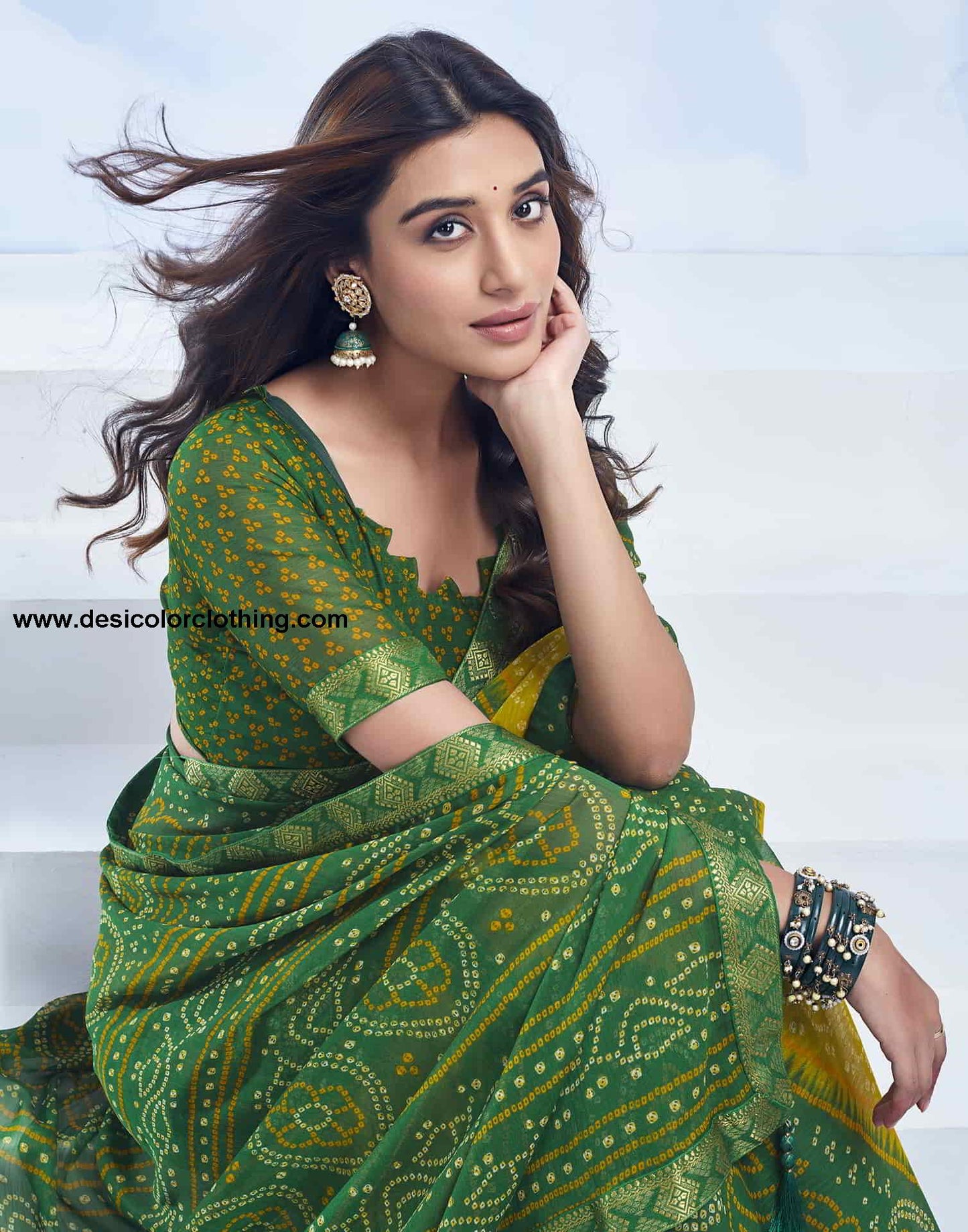 Green Bandhani Chiffon Saree