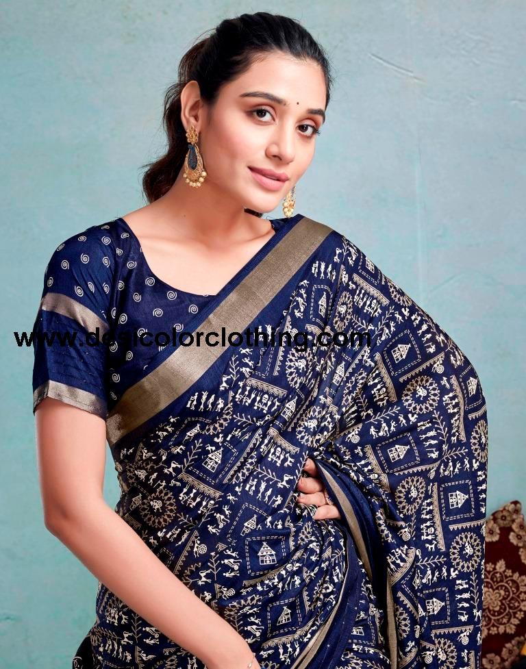 Dark Blue Silk Printed Saree