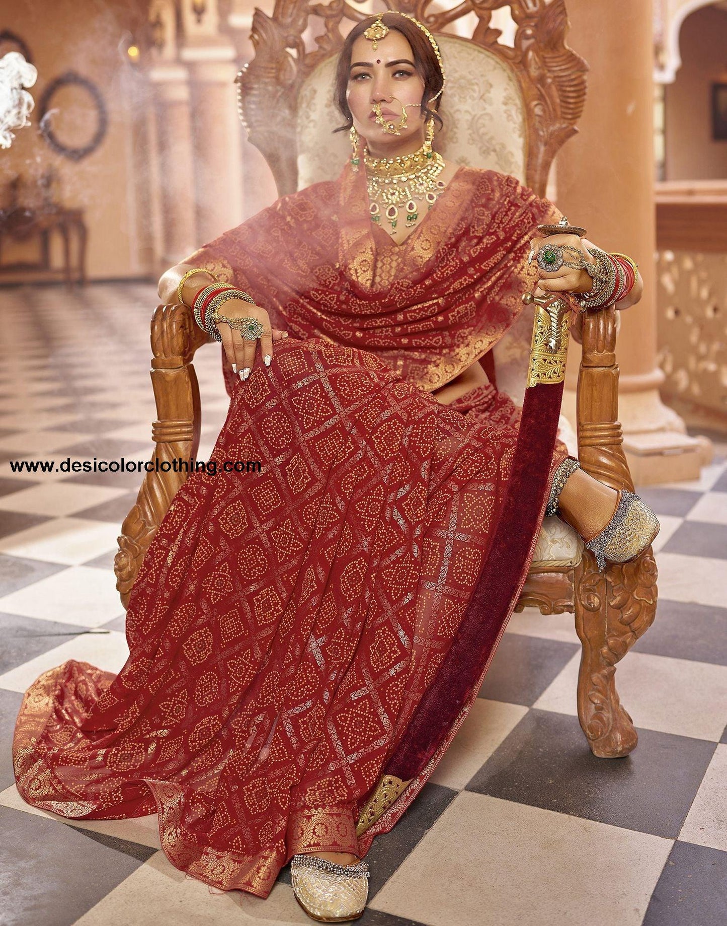 Cherry Red Jacquard Georgette Saree