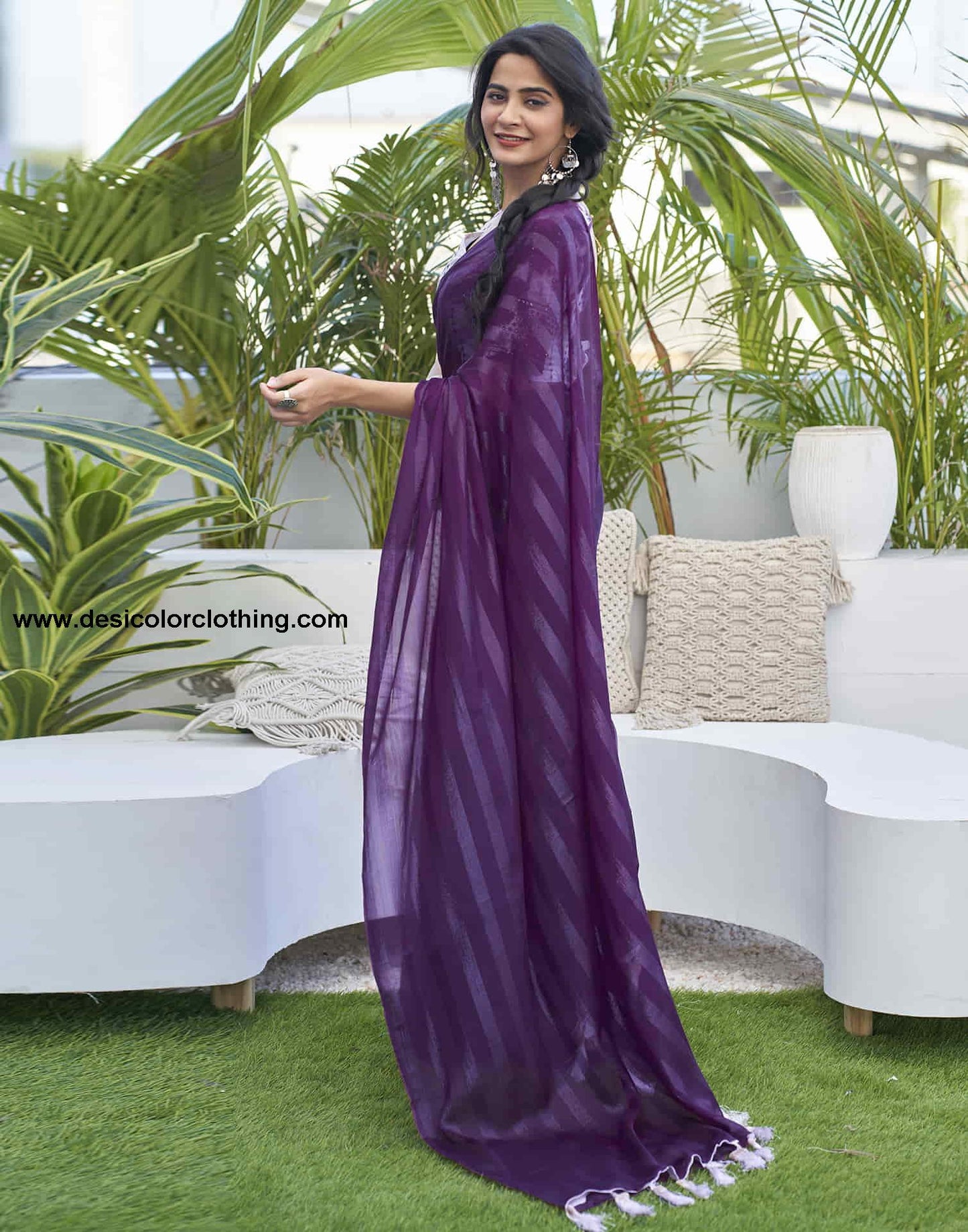 Dark Purple Chiffon Zari Plain Saree