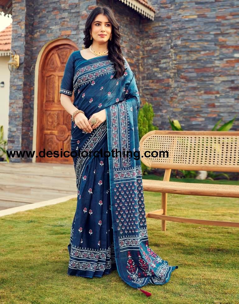 Rama Blue Cotton Printed Ready To Wear