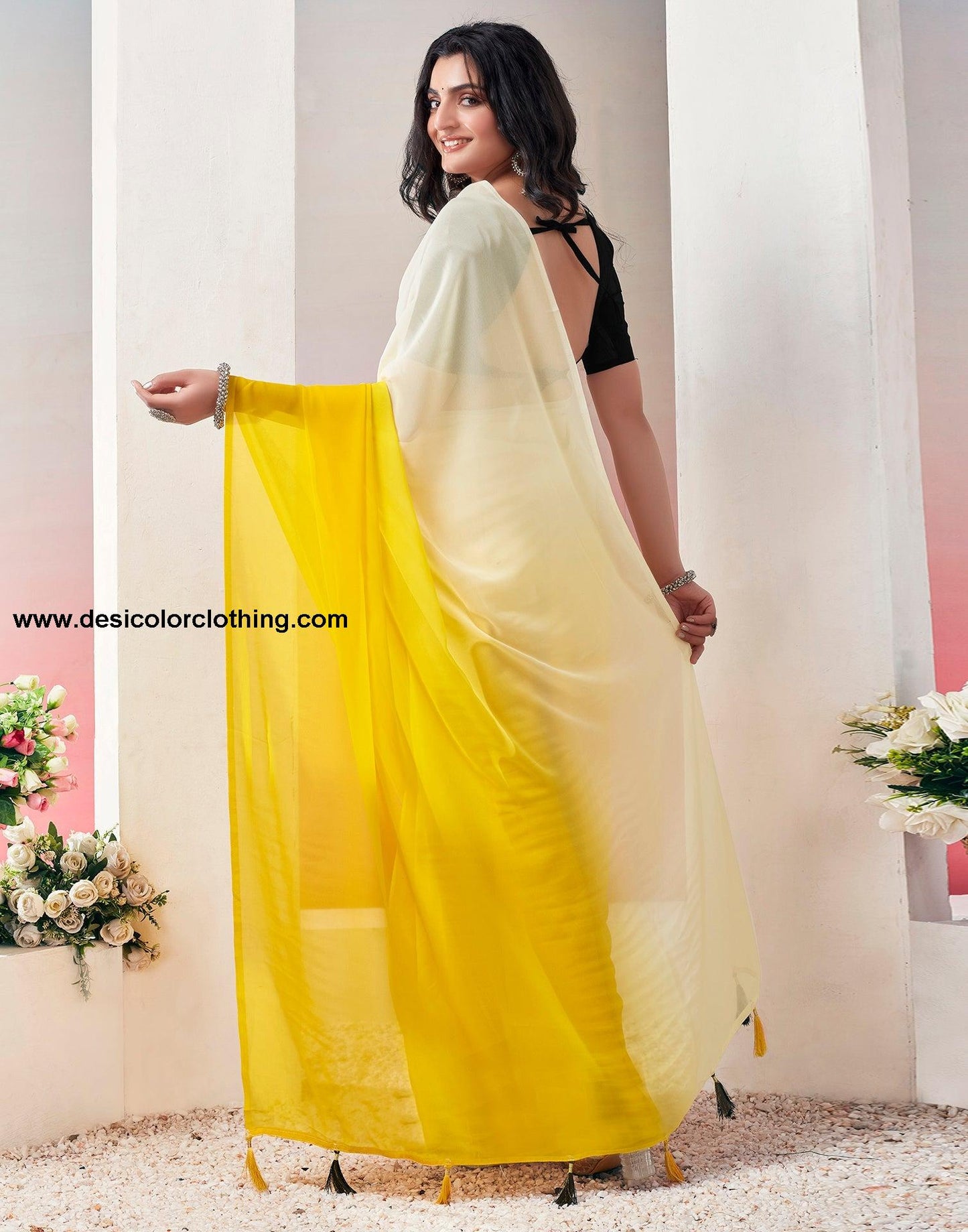 Turmeric Georgette Plain Ready to Wear Saree