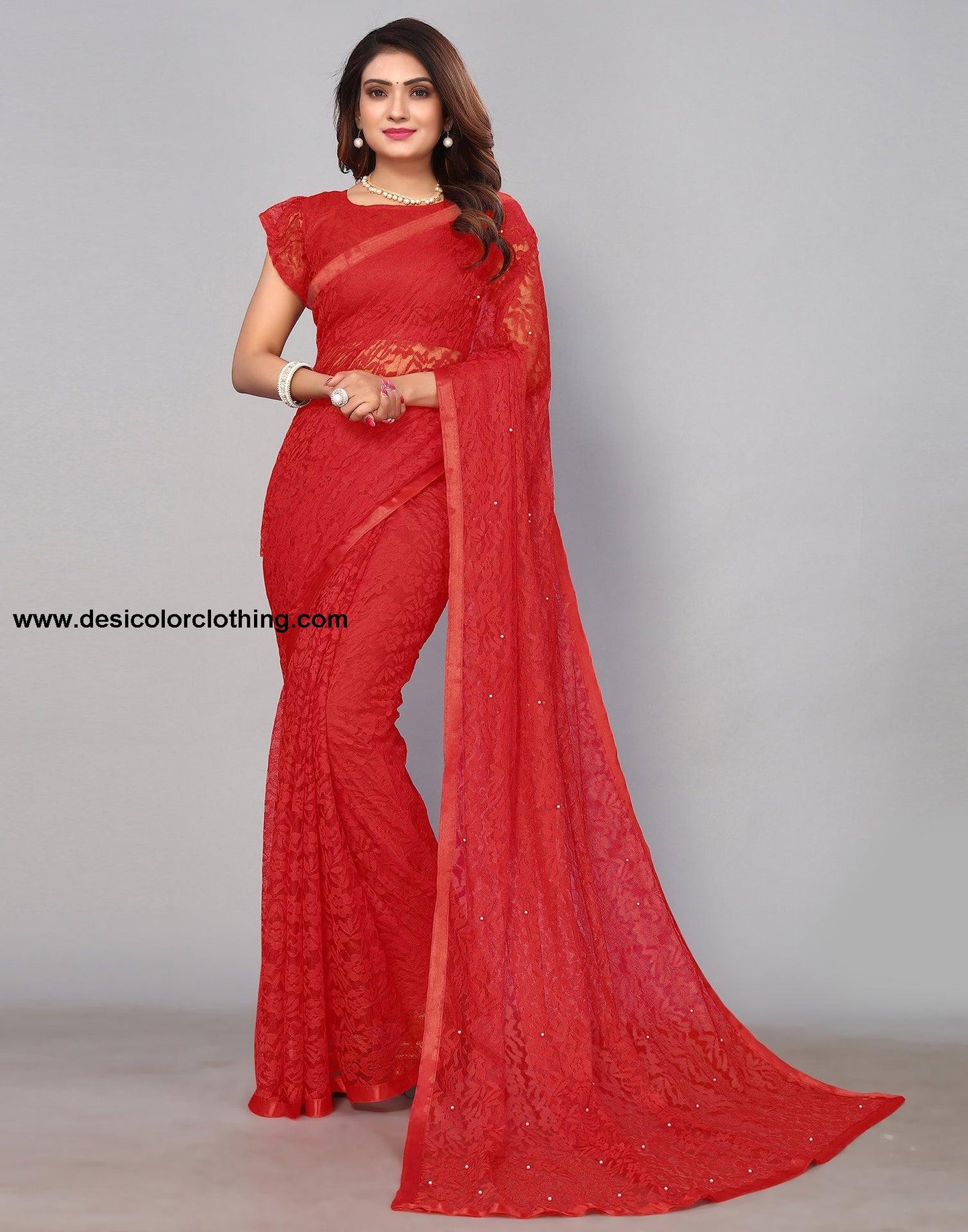 Red Net Lace Saree
