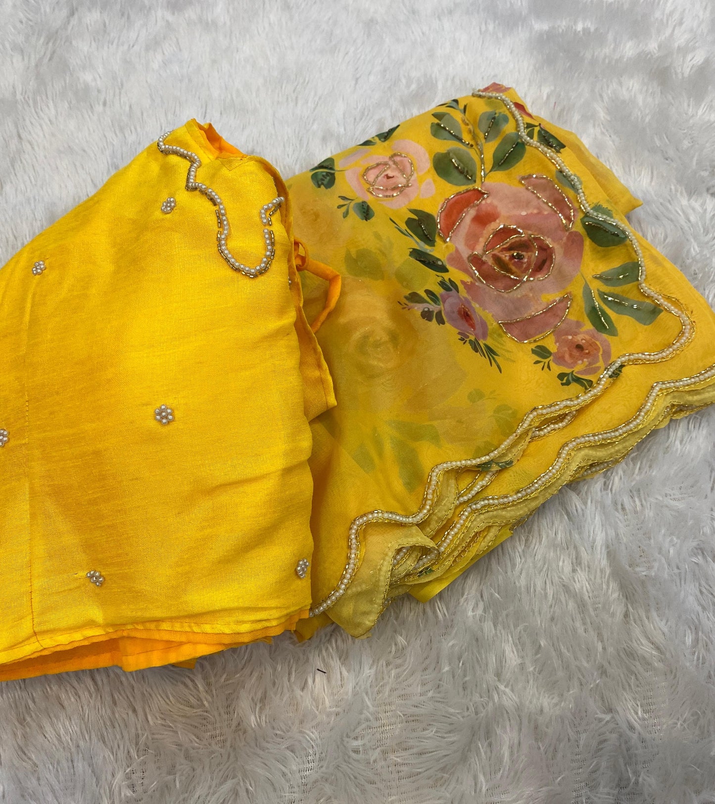 Product Image - Designer Satin Organza Saree with Handcrafted Floral Prints and Pearl Cutwork Border
