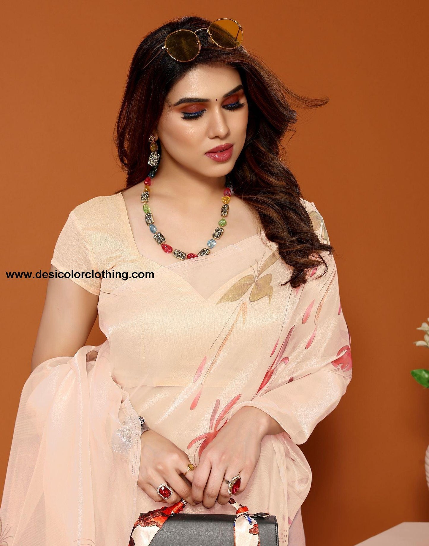 Cream Organza Printed Saree