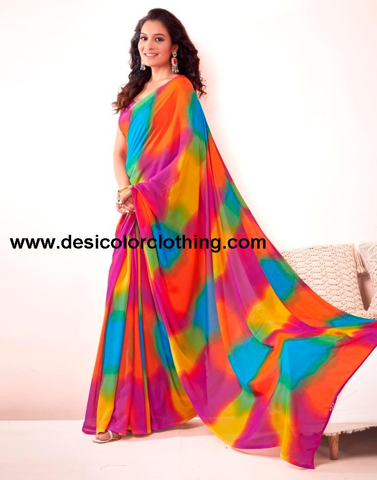 Pink Georgette Printed Saree