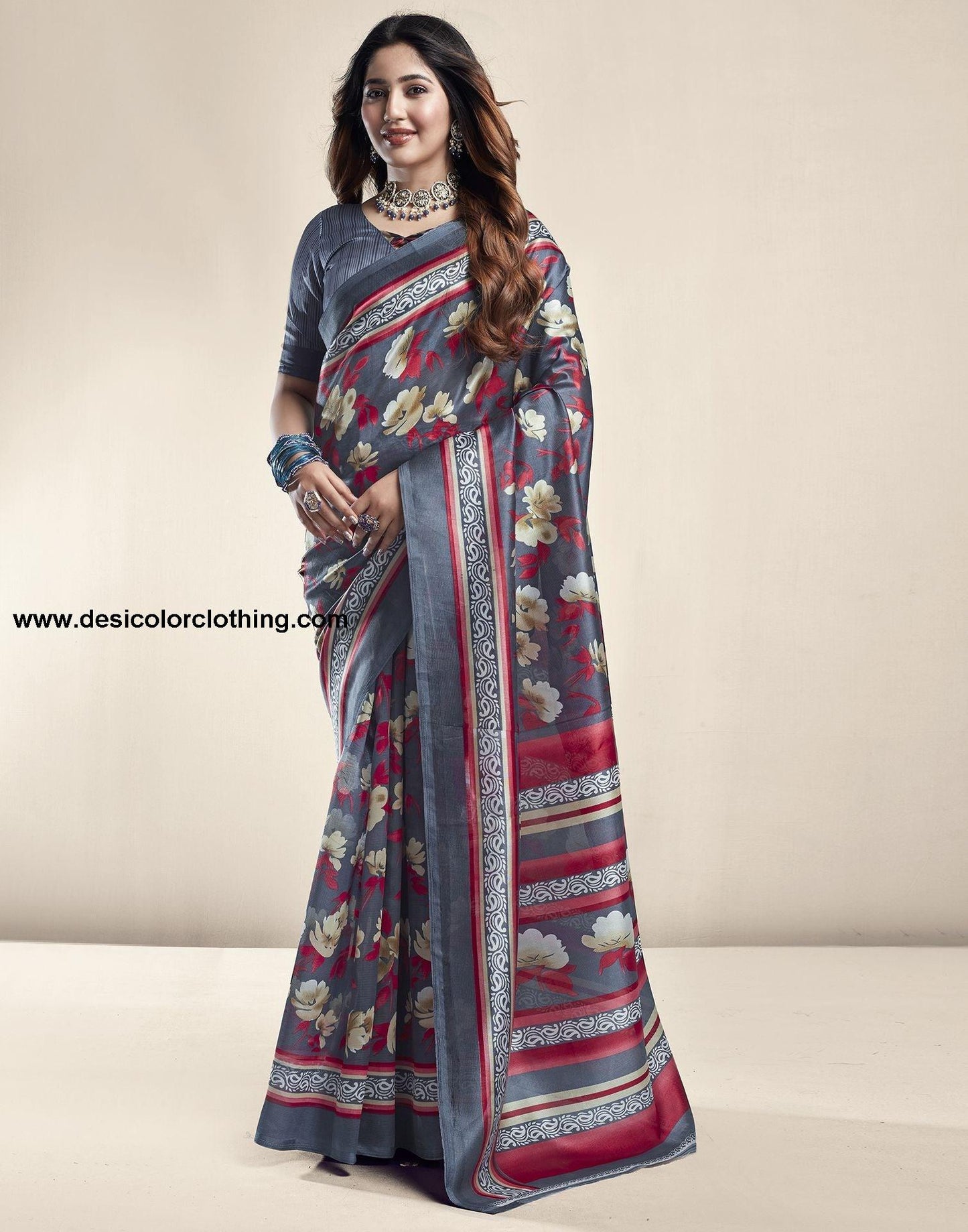 Dark Grey Printed Silk Saree