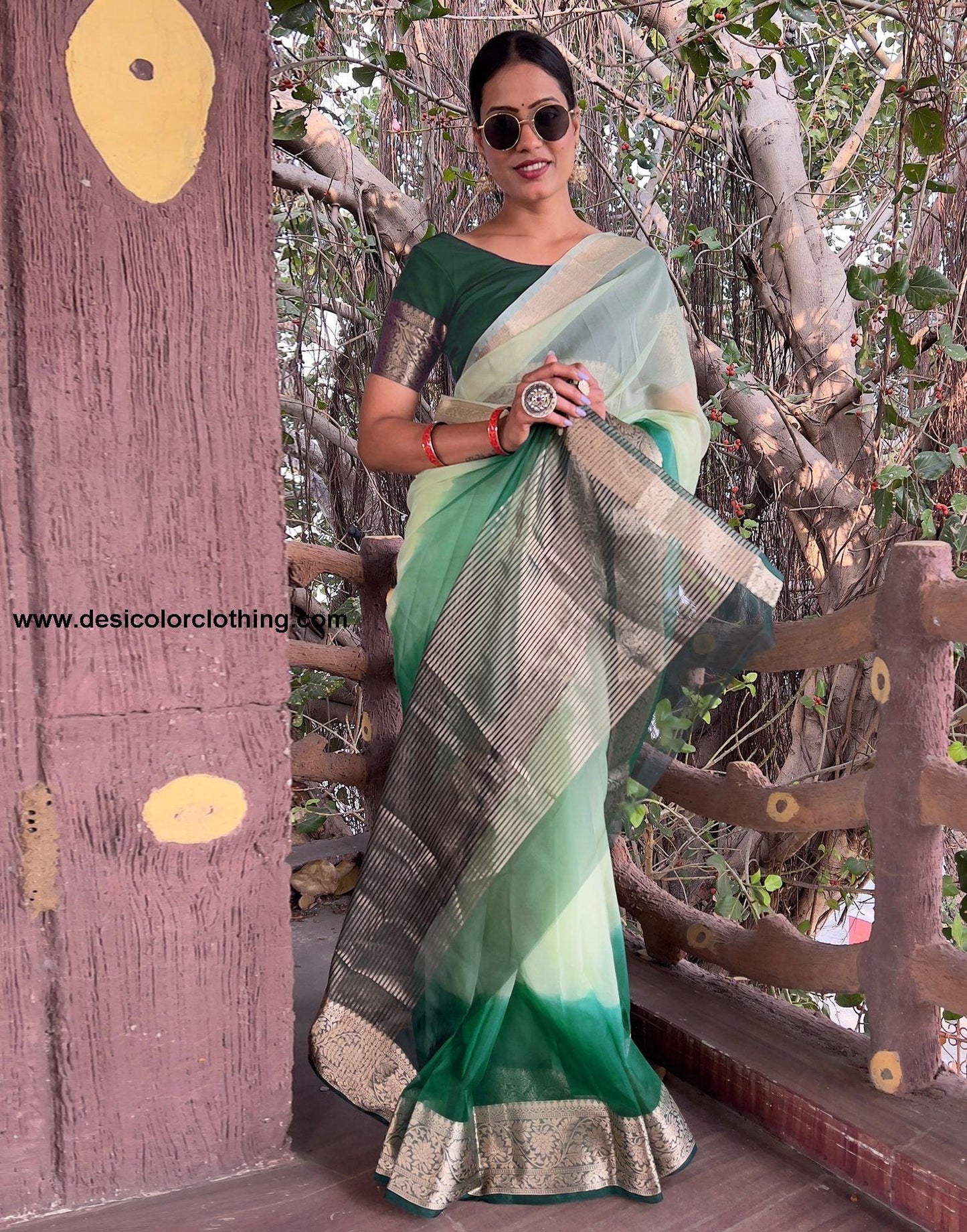 Dark Green Plain Organza Saree