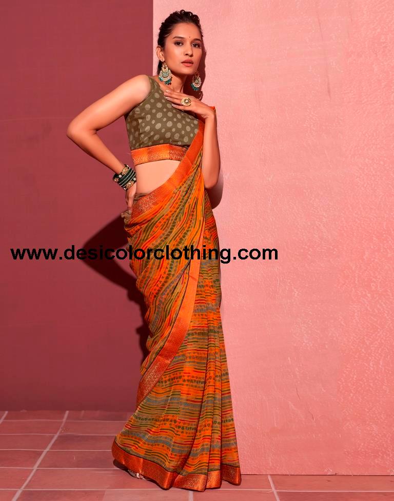 Orange Chiffon Printed Saree