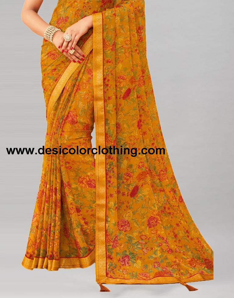 Turmeric Yellow Printed Chiffon Saree | 1976S513