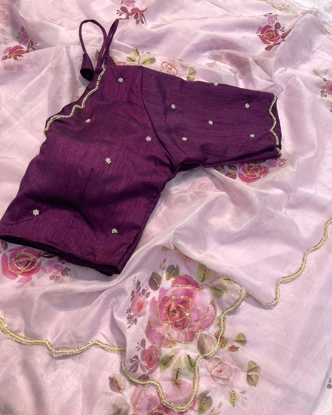 Product Image - Designer Satin Organza Saree with Handcrafted Floral Prints and Pearl Cutwork Border