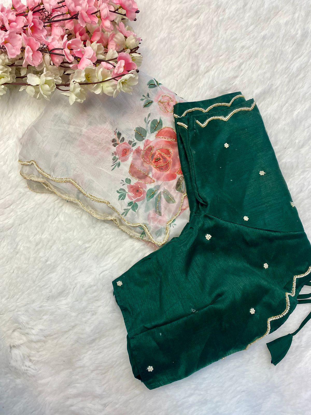 Product Image - Designer Satin Organza Saree with Handcrafted Floral Prints and Pearl Cutwork Border
