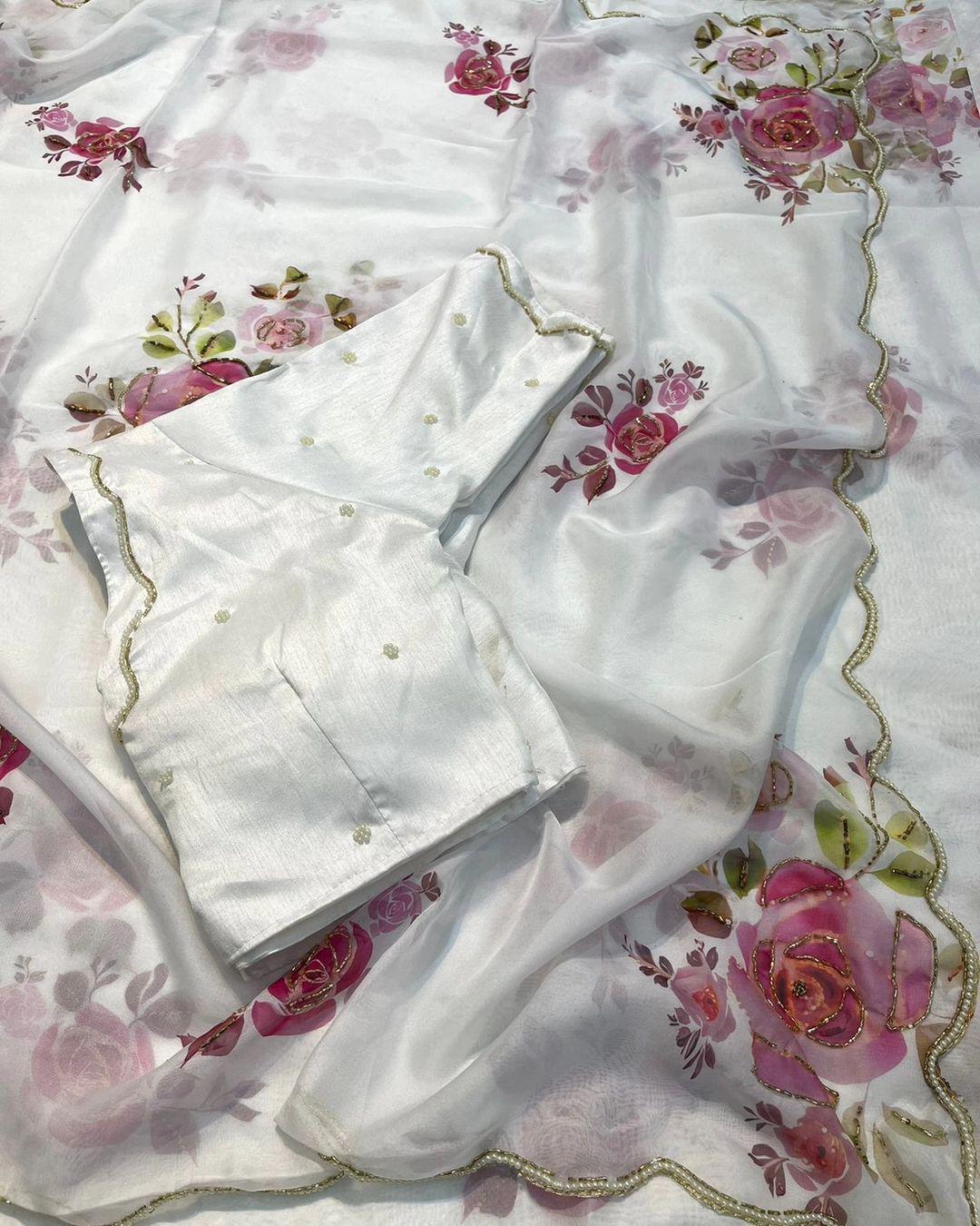 Product Image - Designer Satin Organza Saree with Handcrafted Floral Prints and Pearl Cutwork Border