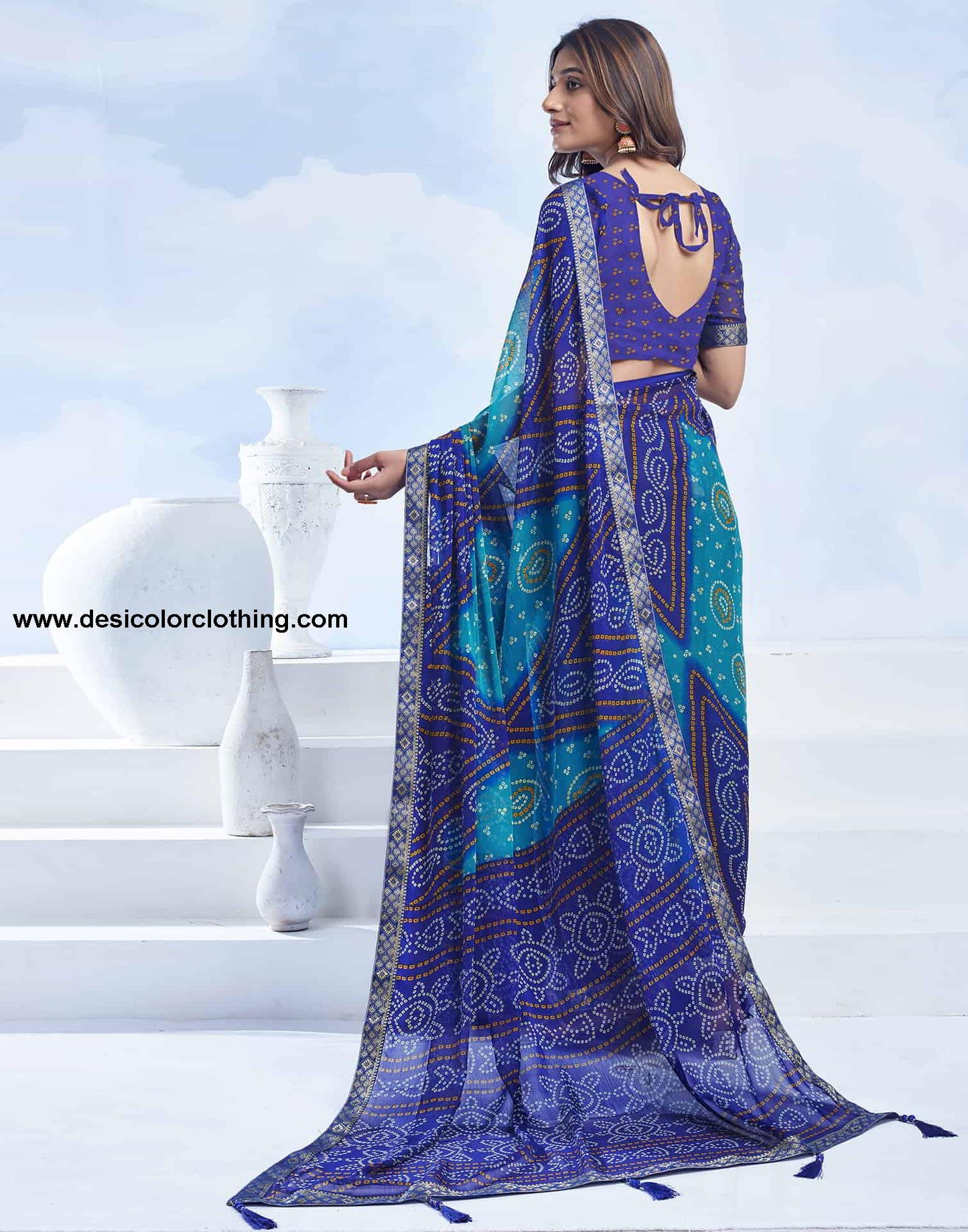 Blue Bandhani Chiffon Saree