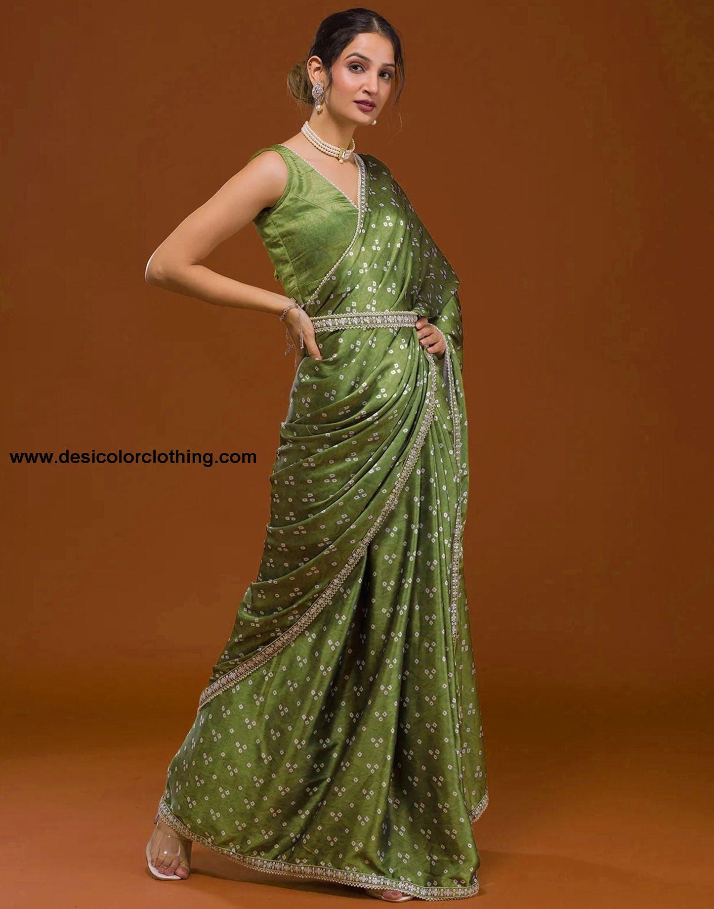 Olive Green Silk Bandhani Saree