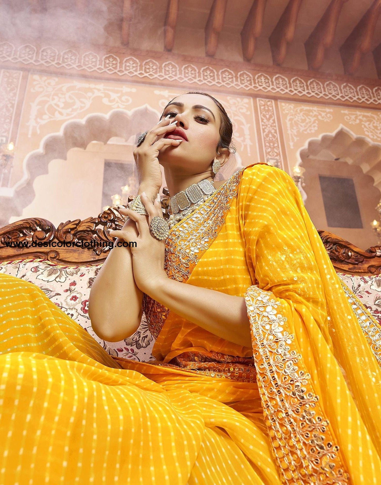 Yellow Plain Gergette Saree