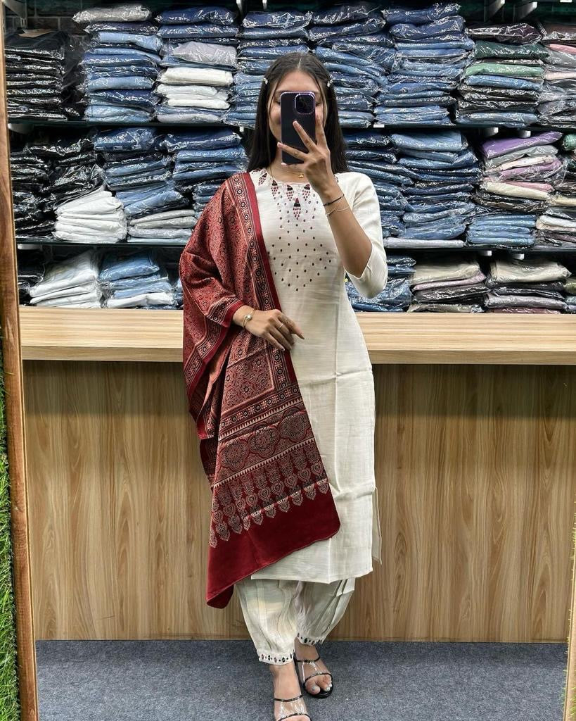 Afghani Suit Set with Dupatta - Premium Khadi Cotton and