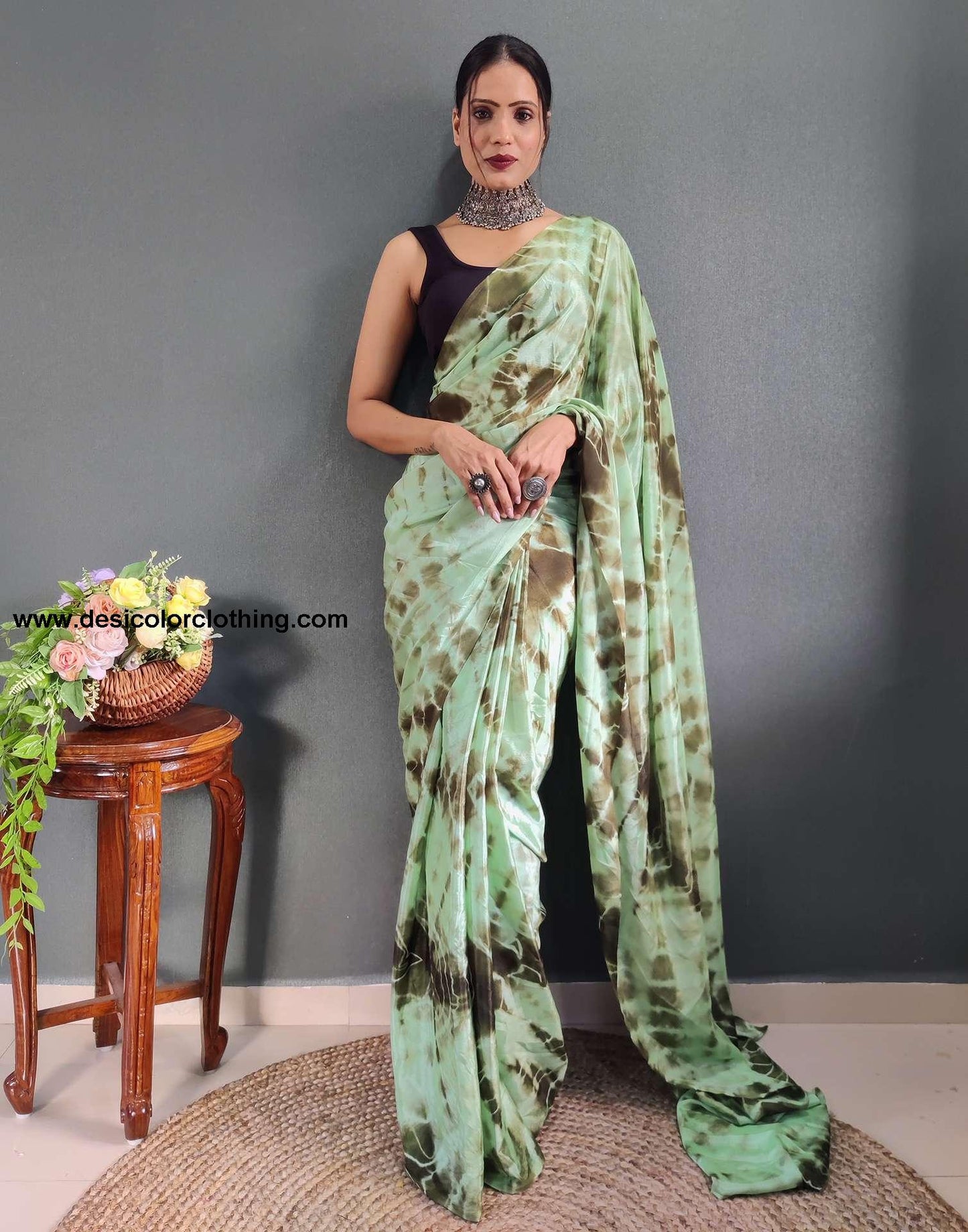 Sea Green Printed Silk Pre-draped Saree
