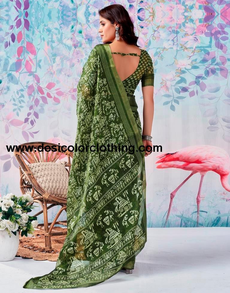 Olive Green Cotton Zari Saree