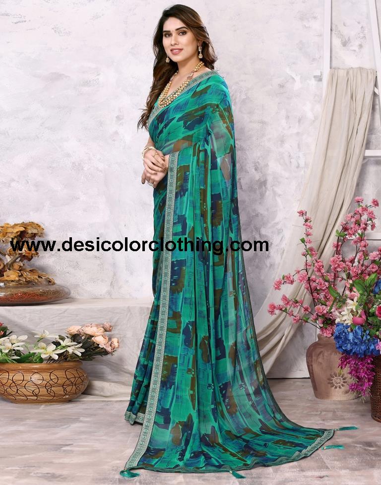 Rama Green Chiffon Printed Saree