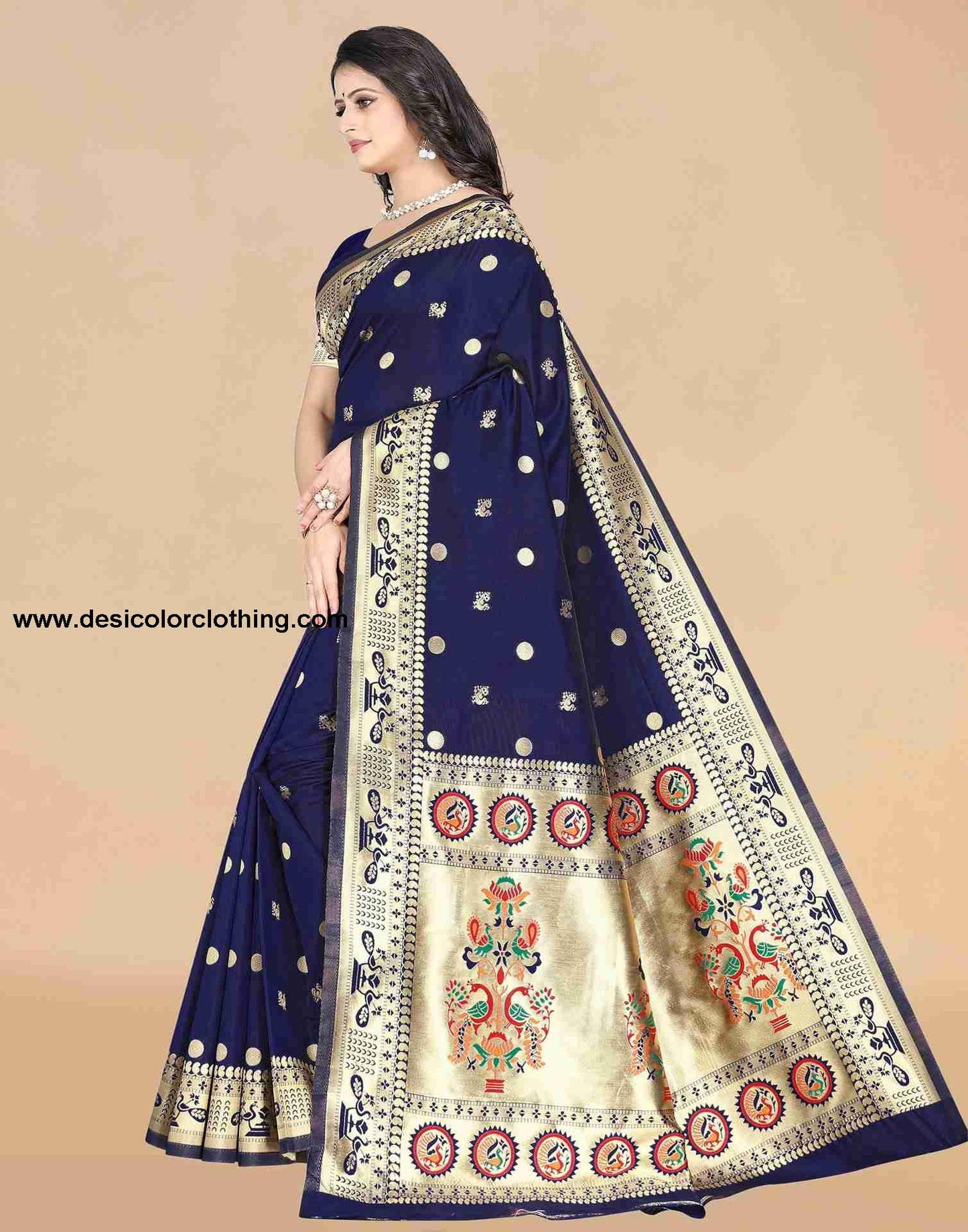 Elegant Navy Blue Silk Saree with Golden Woven Design