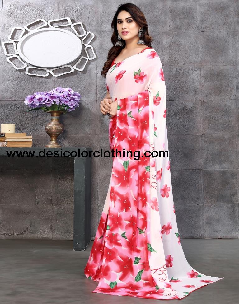 Red Georgette Floral Printed Saree