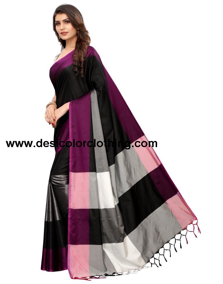 Black Coloured Poly Silk Woven Stripes Casual saree