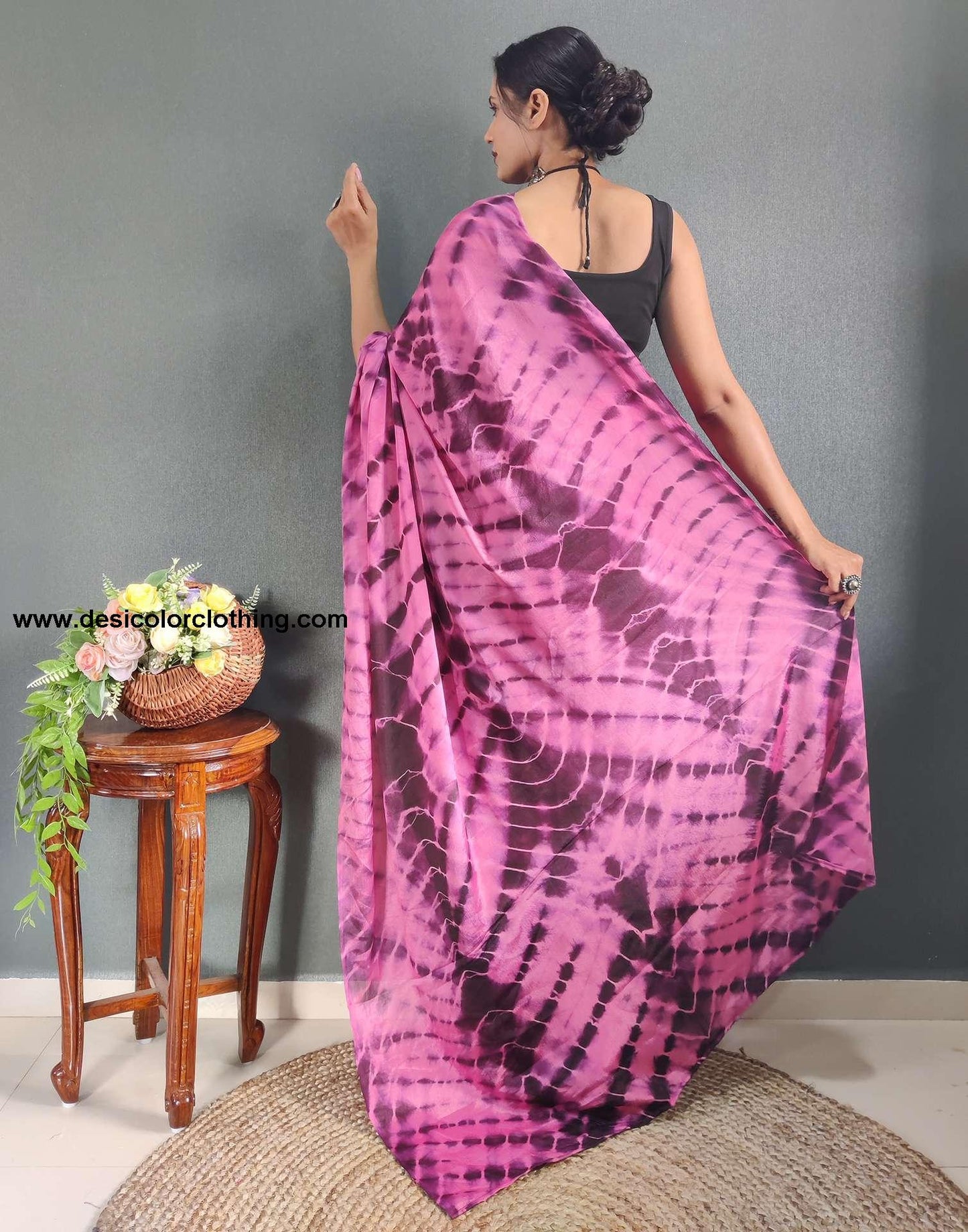 Pink Printed Silk Pre-draped Saree