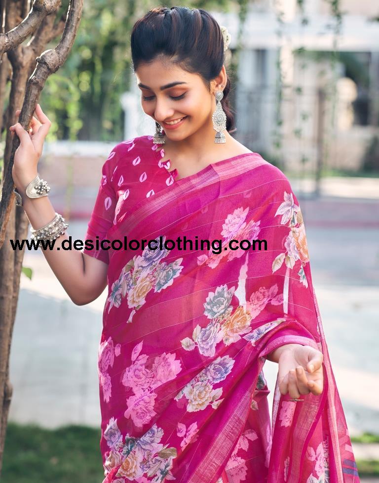 Rani Pink Cotton Printed Saree