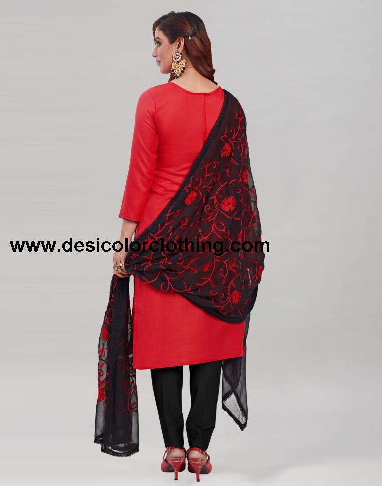 Red Cotton Handwork Unstitched Salwar Suit
