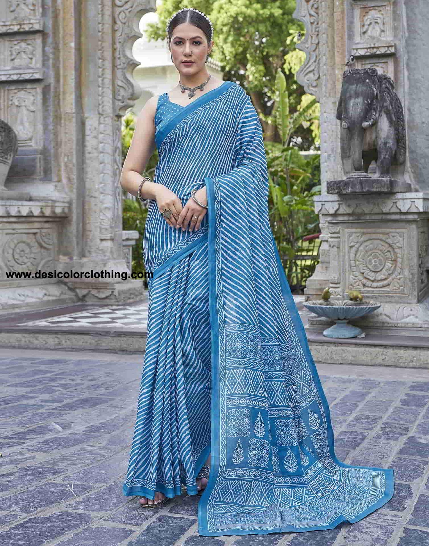Blue Printed Cotton Leheriya Saree