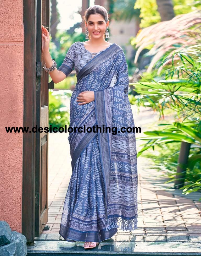 Blue Silk Printed Saree