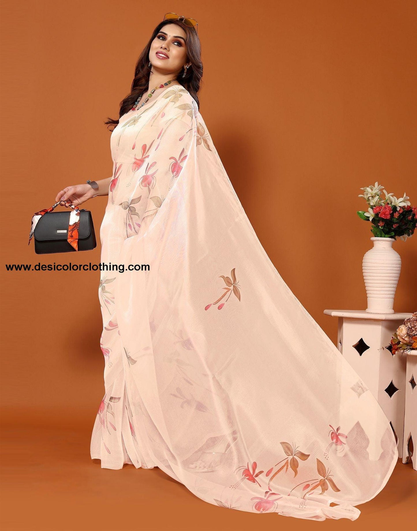 Cream Organza Printed Saree