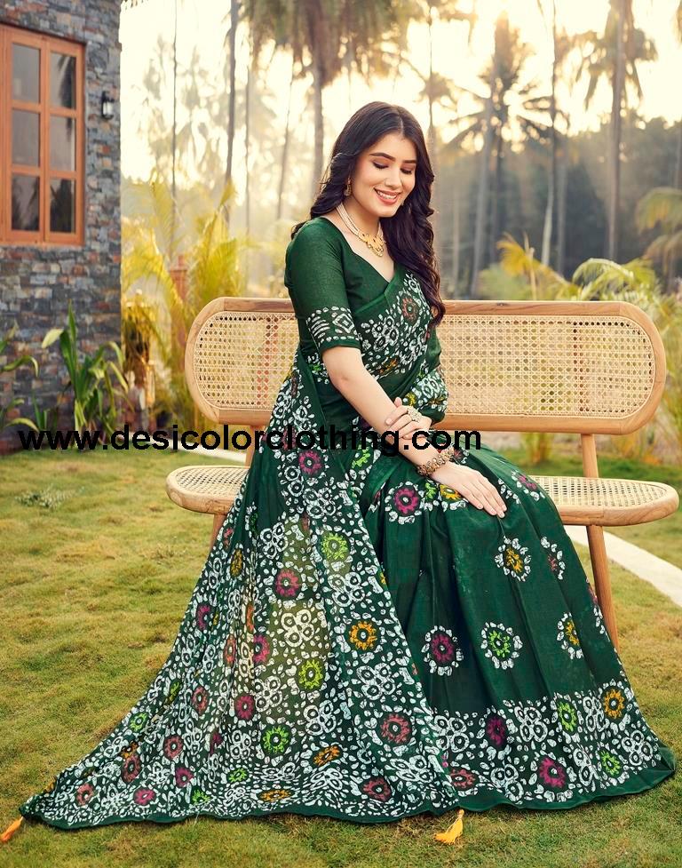 Bottle Green Cotton Printed Ready To Wear