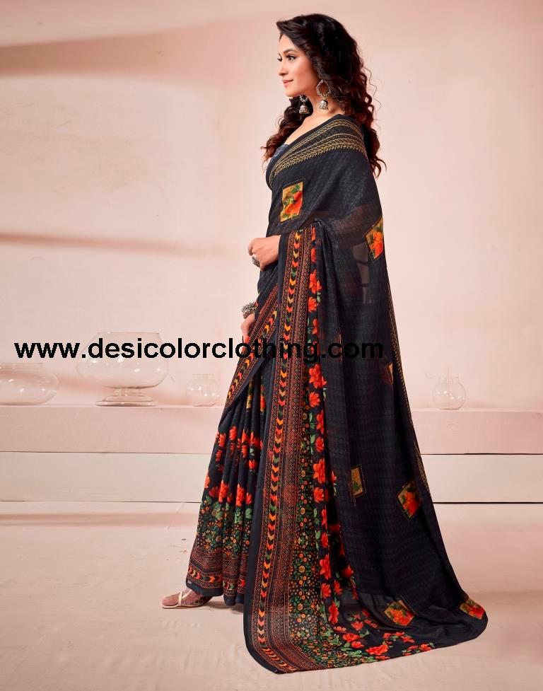 Black Georgette Printed Saree