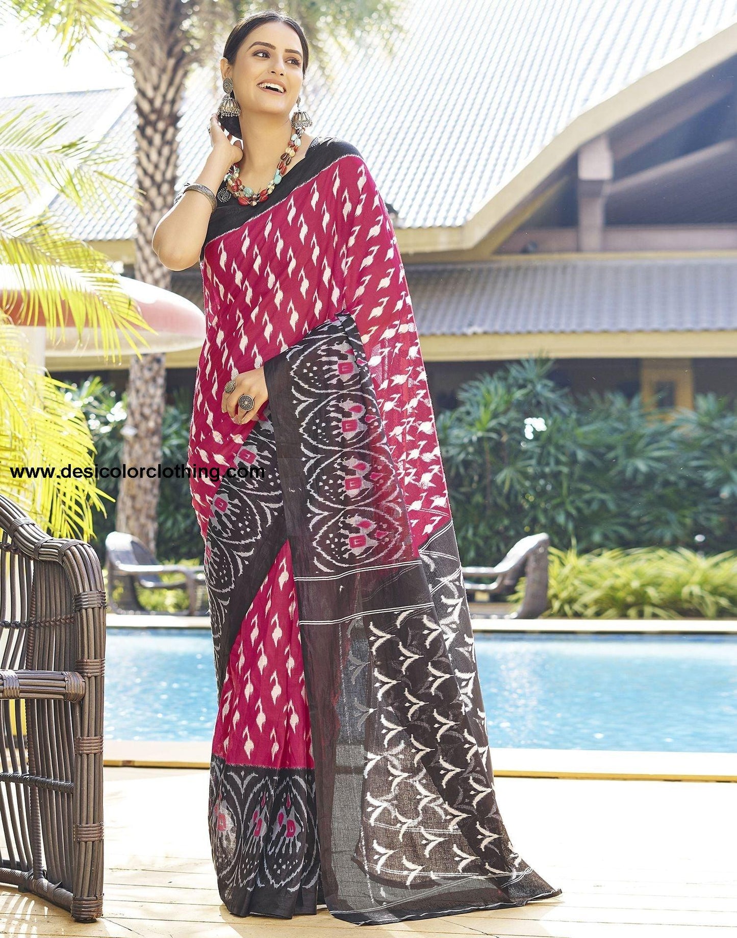 Pink Printed Cotton Pre-Draped Saree