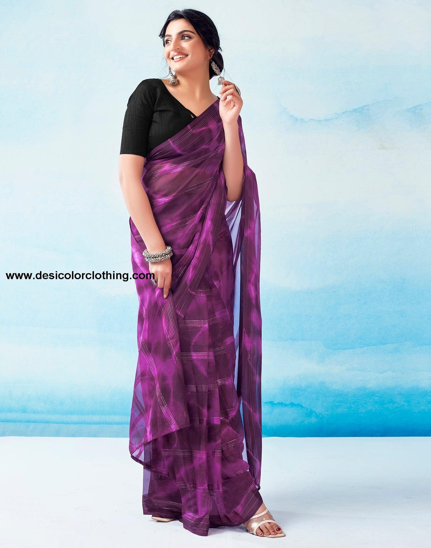 Deep Purple Georgette Printed Ready to Wear Saree