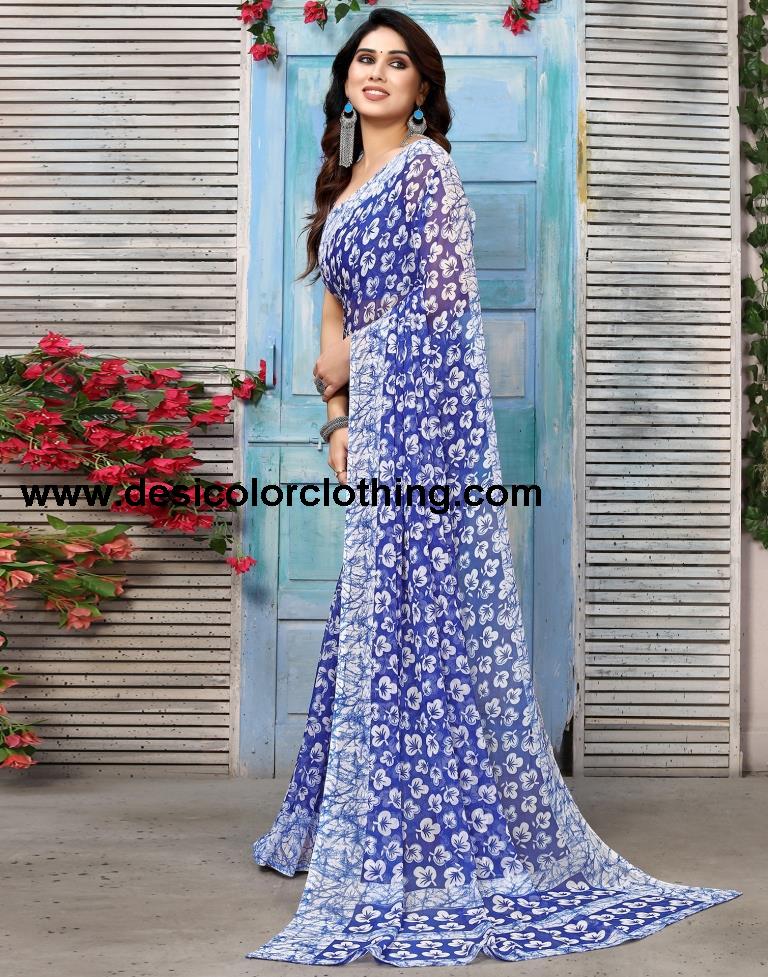 Blue Chiffon Printed Saree